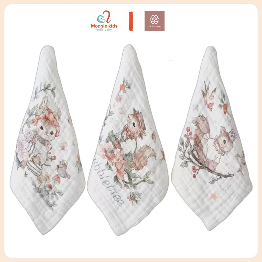 Set 3 khăn sữa xô 6 lớp Bubble Tree cho bé sơ sinh 30x30cm, khăn xô thấm hút tốt - Monnie Kids