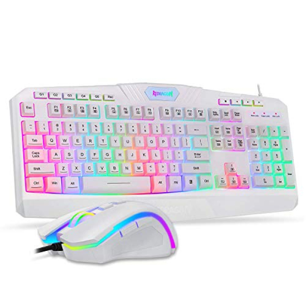 Redragon S101 Wired Gaming Keyboard and Mouse Combo, RGB Backlit 104 Keys Ergonomic Keyboard with Macro Multimedia Keys Wrist Rest and 8 Buttons Backlit Gaming Mouse for Windows PC (White Version) Singapore
