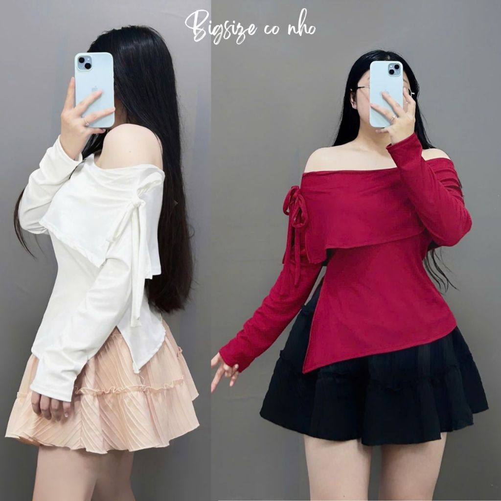 Set bộ Bigsize Nữ tết noel áo thun tay dài trễ vai cột nơ vạt chéo chân váy dáng A eo co giãn nhún bèo có bảo hộ- SET942