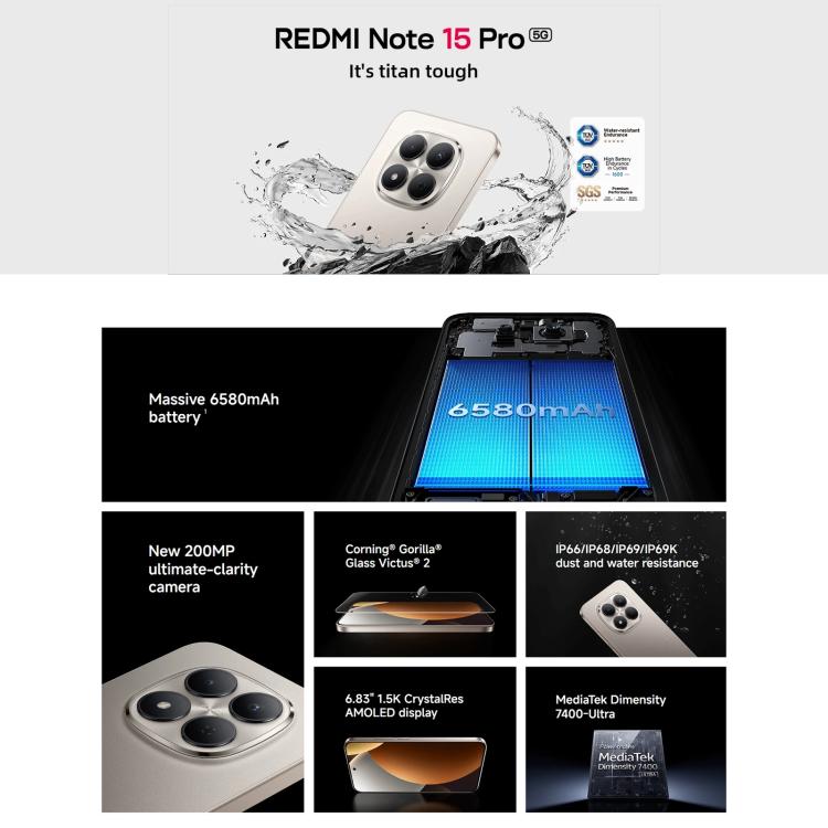 โทรศัพท์มือถือ สมาร์ทโฟน Xiaomi Redmi Note 15 Pro 5G Global, 8GB 256GB, ลายนิ้วมือบนหน้าจอ, 6.83 นิ้ว Xiaomi HyperOS 2 MediaTek Dimensity 7400-Ultra Octa Core, เครือข่าย: 5G, NFC ราคา 32,823 บาท*ส่งฟรี