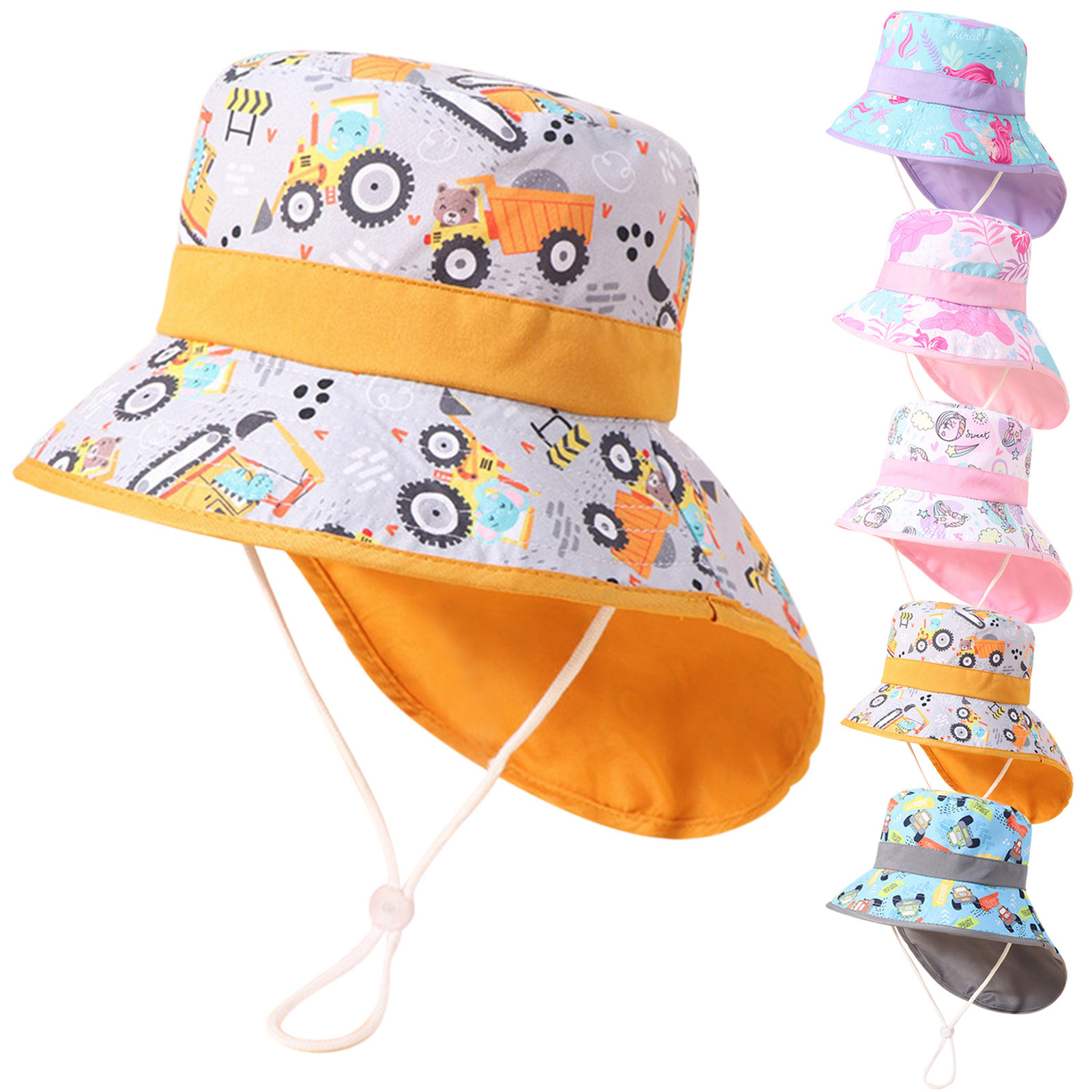 Kids Adjustable Chin Strap Sun Hats Summer Spring Wide Brim Neck Hat Cute
