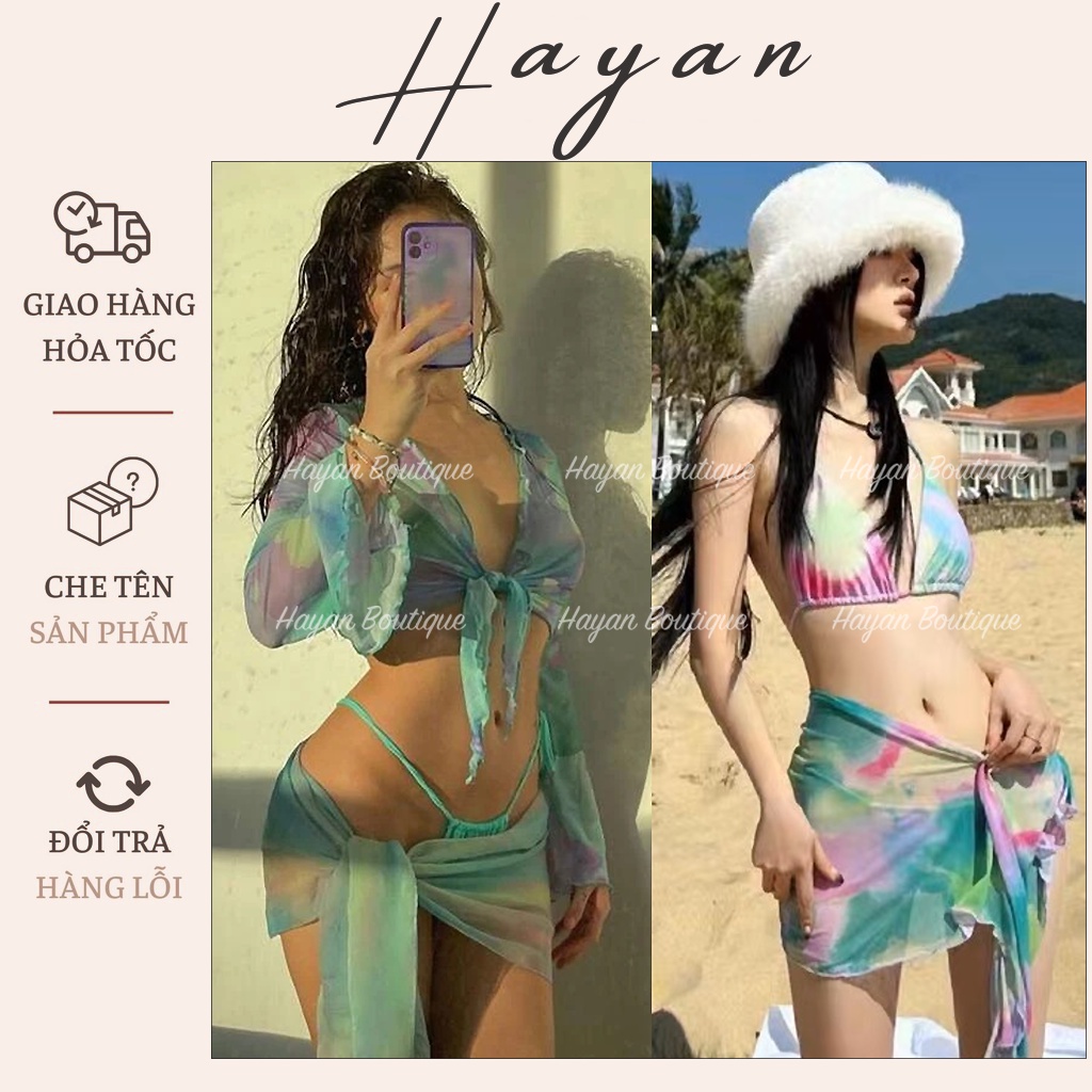 BiKI1 Set bikini 4 món tam giác kèm áo khoác và khăn cột,bộ đồ bơi đi biển sang chảnh BiKI1
