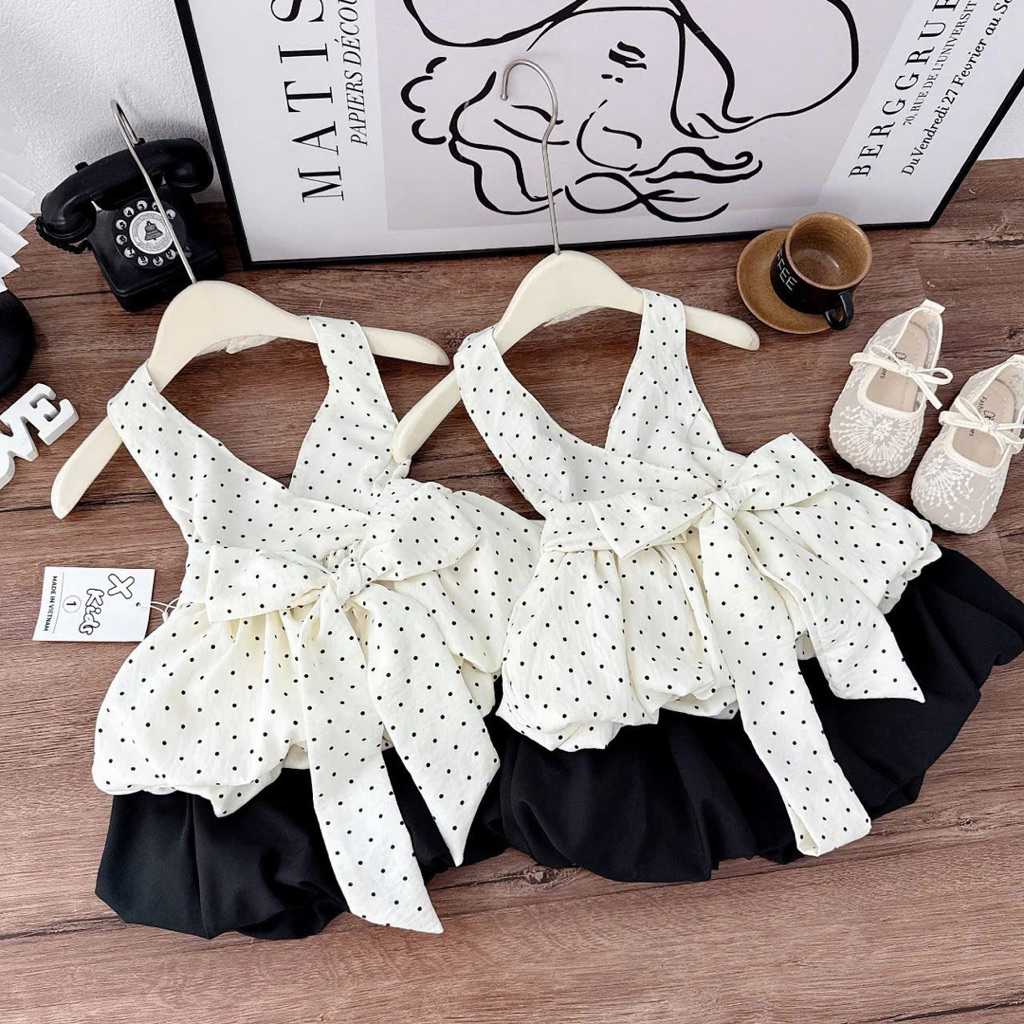 X147 Set áo bí chấm bi nơ lưng chân váy đen cho bé gái