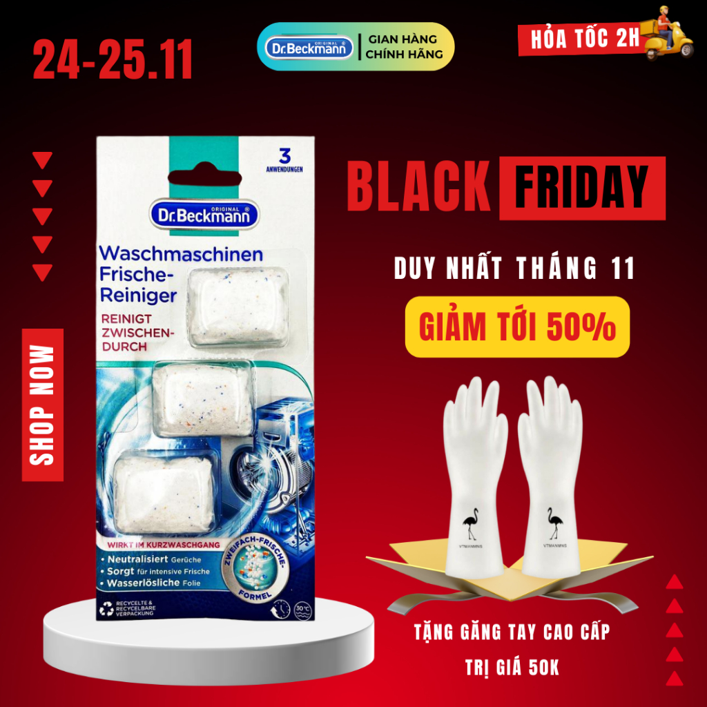 Vỉ tẩy lồng giặt Dr Beckmann 3 viên - làm sạch cặn canxi, vết bẩn lâu ngày, khử mùi và chăm sóc máy giặt hiệu quả