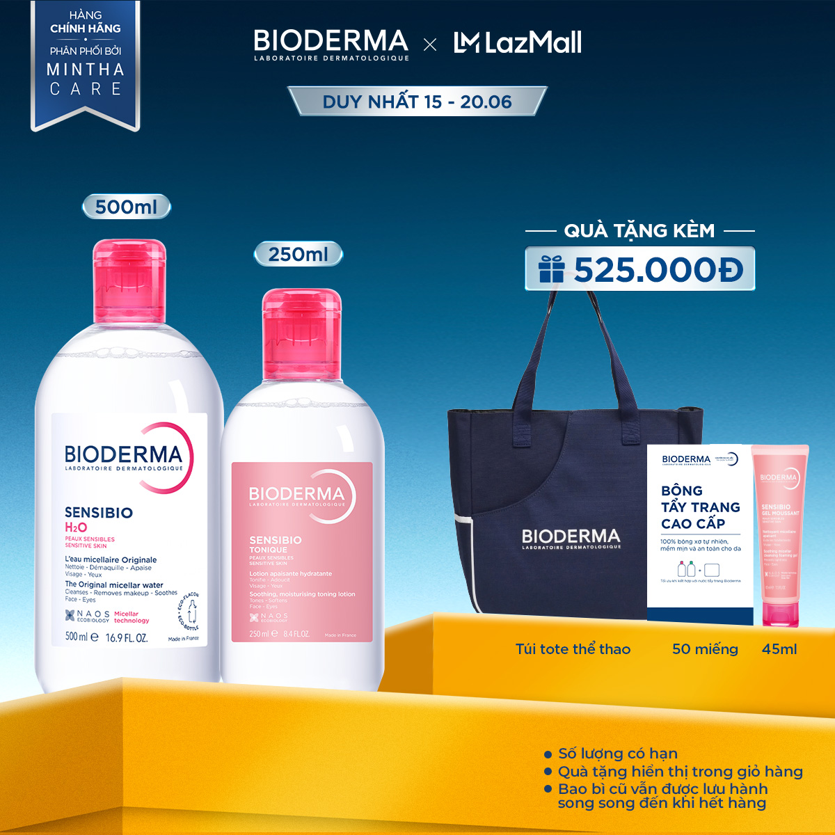 Bộ đôi nước tẩy trang làm sạch micellar cho da nhạy cảm Bioderma Sensibio H2O 500ml và dung dịch cân bằng, dưỡng ẩm 250ml