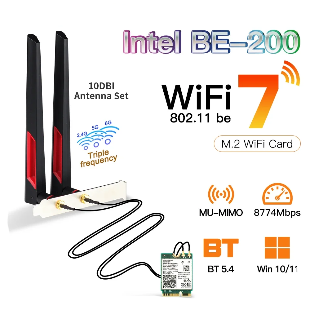 Be200 wifi7 Bộ chuyển đổi mạng Bluetooth 5.4 ba băng tần 2.4G/5G/6GHz M.2 Bộ chuyển đổi không dây anten Card mạng với anten