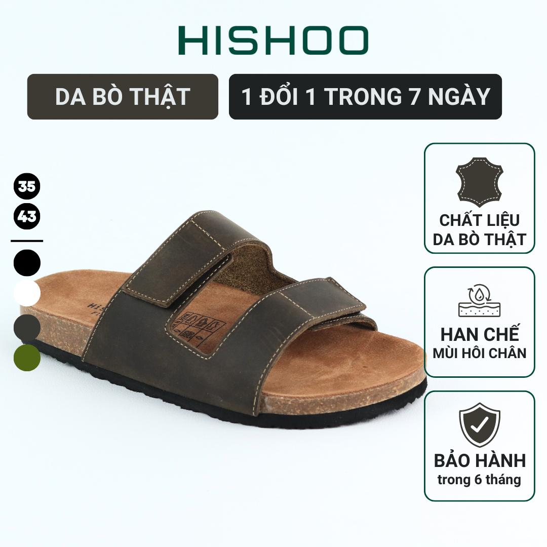 Dép đế trấu birken nam nữ unisex quai ngang đi học công sở xé dán da Bò thật bigsize chính hãng Hishoo VNXK  M105