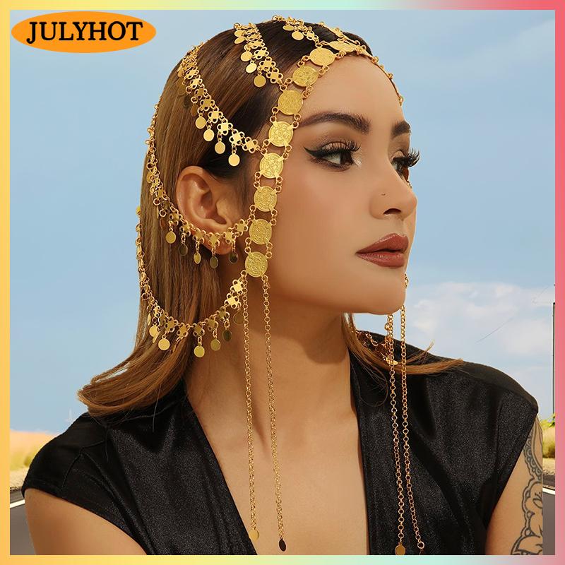 JULYHOT ที่คาดผมสุดสร้างสรรค์สำหรับเจ้าสาวในงานแต่งงานแบบอาหรับดูไบประดับเหรียญพระจันทร์สีทองประดับเลื่อมมีพู่ห้อยประดับผมสำหรับผู้หญิงอุปกรณ์เสริมผมแบบกลวง ราคา 199 บาท*ส่งฟรี