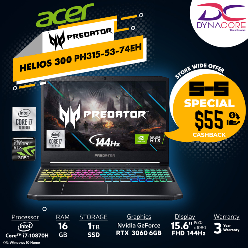 DYNACORE - 【DELIVERY IN 24 HOURS】ACER Predator Helios 300 PH315-53-74EH i7-10870H | 16GB | 1TB M.2 NVMe SSD | NVIDIA GeForce RTX-3060 | 15.6 FHD 144HZ-72% PH315-53-74EH