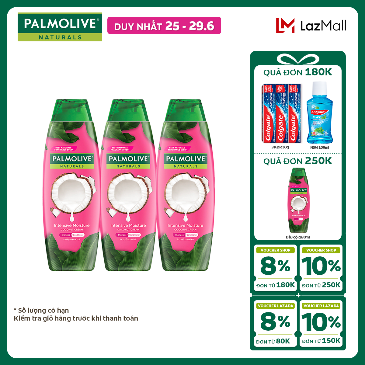 [Chỉ 25-29.6_X2 Voucher giảm đến 20%] Bộ 3 Dầu gội Palmolive kèm xả 2-trong-1 chiết xuất thiên nhiên 180ml/chai