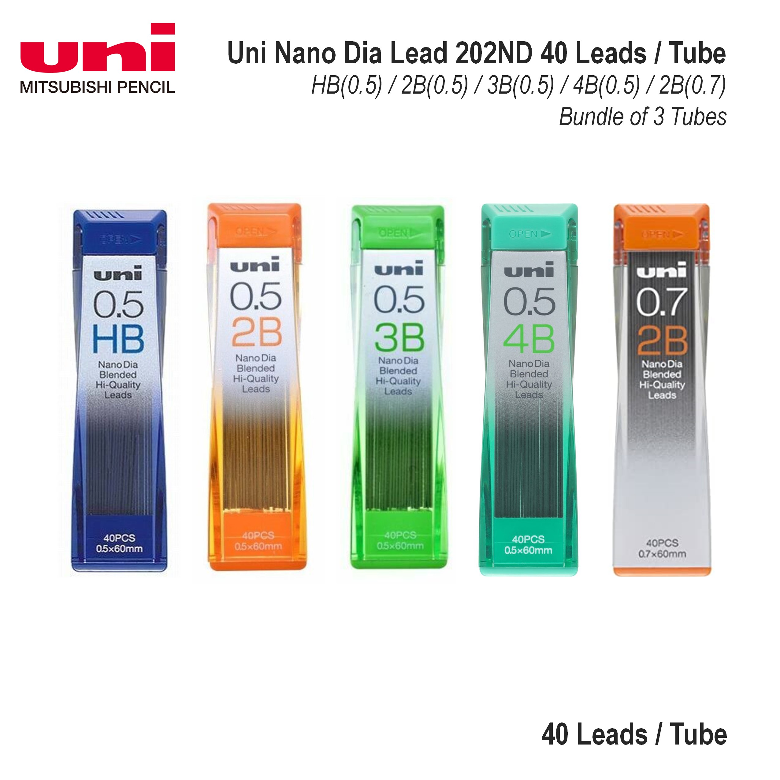 Uni Nana Dia Blended Hi-Quality 0.5mm B pencil leads x 3 tubes x 60mm x 40 pcs 
