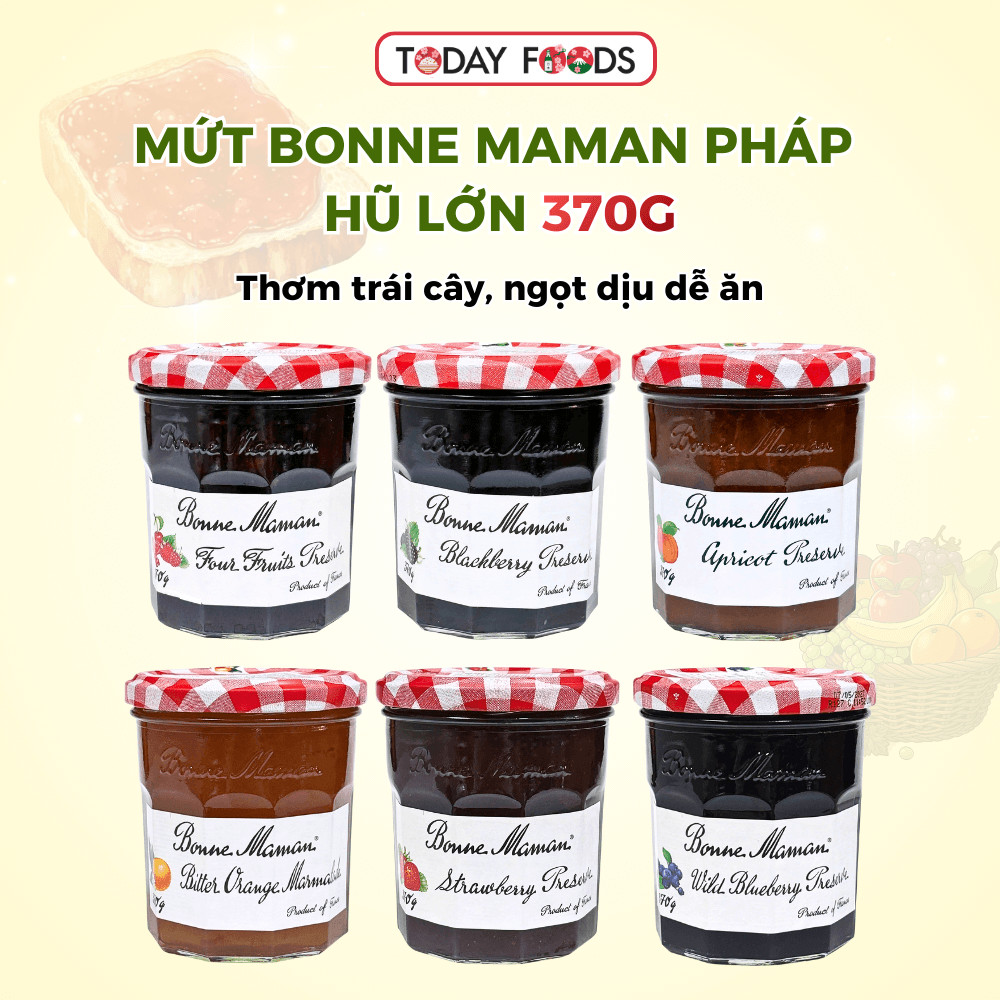 Mứt Bonne Maman 370g - Nhập khẩu từ Pháp - 6 vị (Dâu / Mơ / Việt Quất / Mâm Xôi / Mix 4 Vị / Cam)