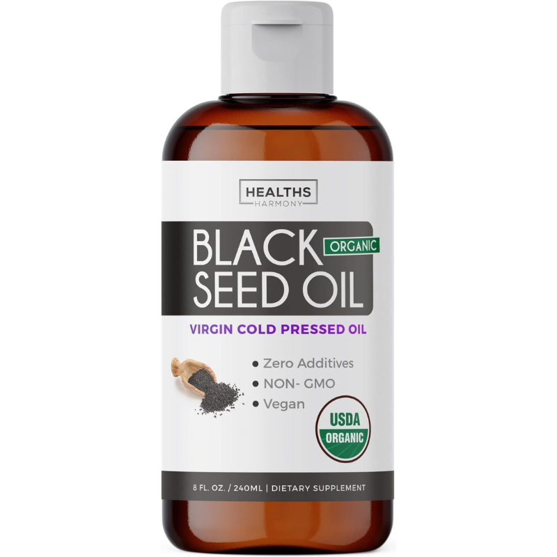 Dầu hạt thì là đen hữu cơ Healths Harmony Black Seed Oil Organic 240ml USA - đặc tính chốngoxy hóa của dầu hạt thì là đen thúc đẩy chân tóc chắc khỏe hơn và tăng sản xuất melanin, giúp duy trì làn da khỏe mạnh.