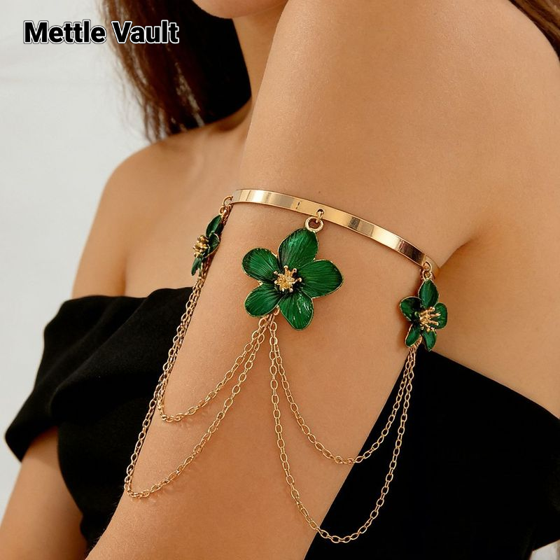 Mettle Vault Boho Floral Arm Cuff with Gold Chain Tassels and Green Flower Design for Beach Vacation Style ราคา 55 บาท*ส่งฟรี