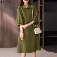 Zanzea phong cách Hàn Quốc Đầm nữ giản dị tay ngắn vải lanh cotton ve áo đồng bằng áo rộng ăn mặc #8