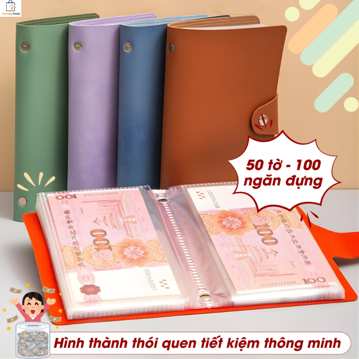 Ví đựng tiền tiết kiệm, 50 trang in hai mặt, tổng cộng 100 trang.