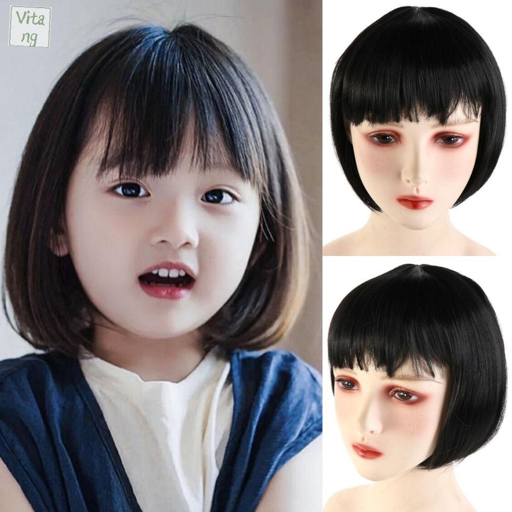 VITANG Dễ thương Tóc ngắn thẳng cho trẻ em Tóc nối Mũ trẻ em Tóc giả bob có mái Phụ kiện tóc Tự nhiên Bộ tóc giả che kín đầu cho nữ Em bé