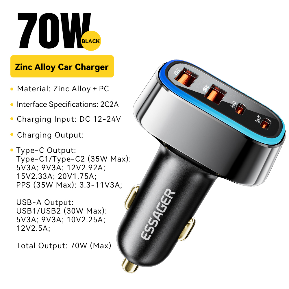 [Mldp] essager 70W sạc điện dùng trên xe hơi sạc nhanh 3.0 4.0 PPS loại USB C sạc điện thoại Sạc xe 