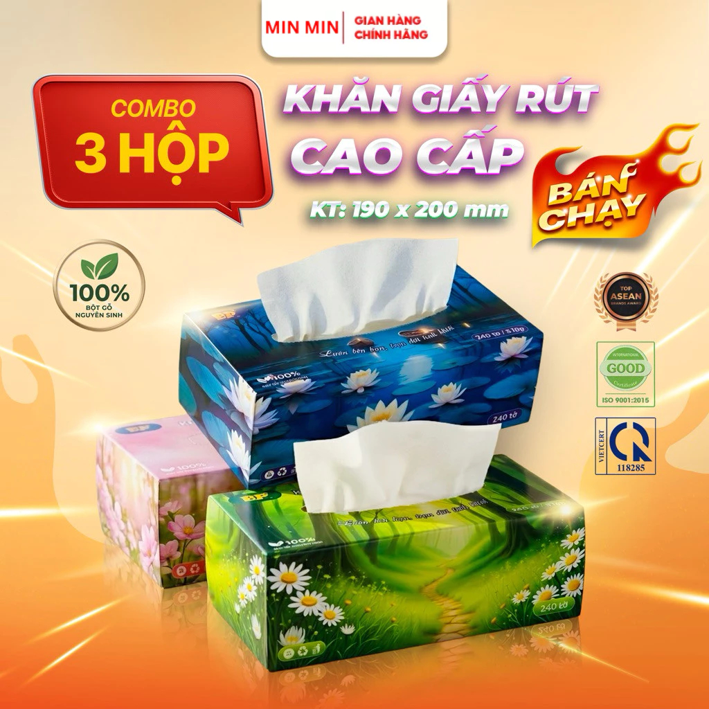 Combo 3 Hộp Giấy Rút Cao Cấp BP Tissue Hộp 240 Tờ 100% Bột Giấy Nguyên Sinh Thấm Hút Tốt An Toàn Cho Da