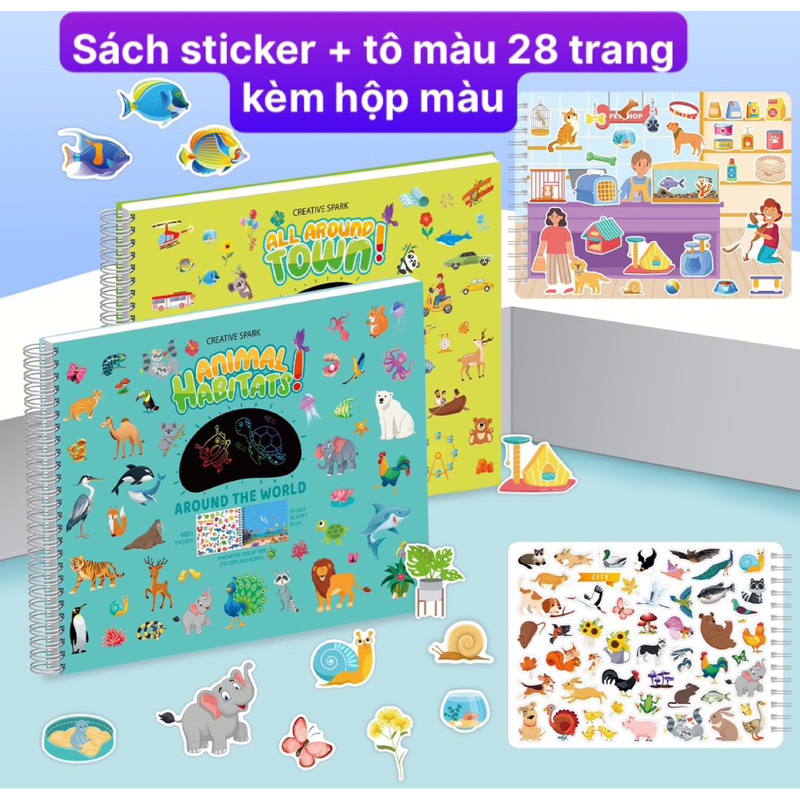 Sách stickers 28 trang có thể bóc dán tái sử dụng nhiều lần + tranh tô màu + hộp màu + tranh cạo than mɑ thuật cho bé
