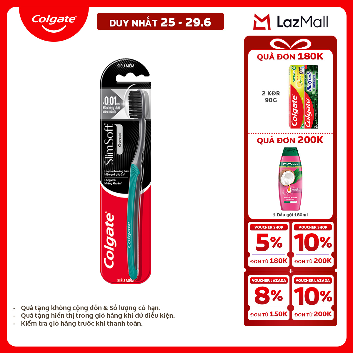 [Chỉ 25-29.6_X2 Voucher giảm đến 20%] Bàn chải Colgate than hoạt tính kháng khuẩn SlimSoft Charcoal mềm mảnh