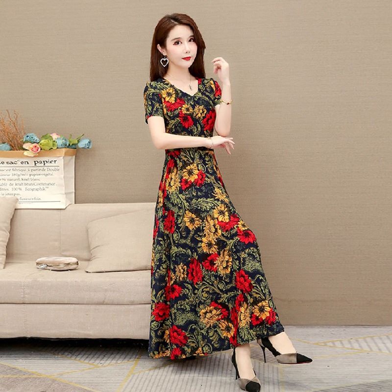 Duohanzi váy phụ nữ trung niên và cao tuổi Đầm dài nữ mùa hè cỡ lỡn mới 100.00kg in hoa Đầm dáng xòe