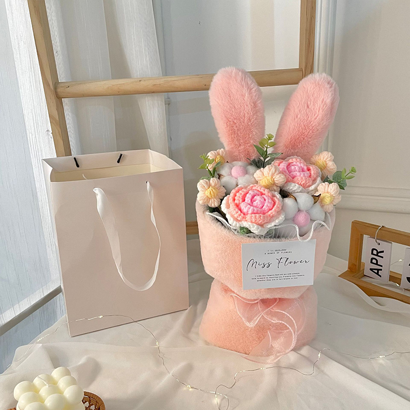 Pzcf Valentine Mothers' Day tai thỏ Dệt Kim Hoa Bó tai thỏ Sang Trọng Bó Hoa Bông Sợi Dây Thừng Hoa 