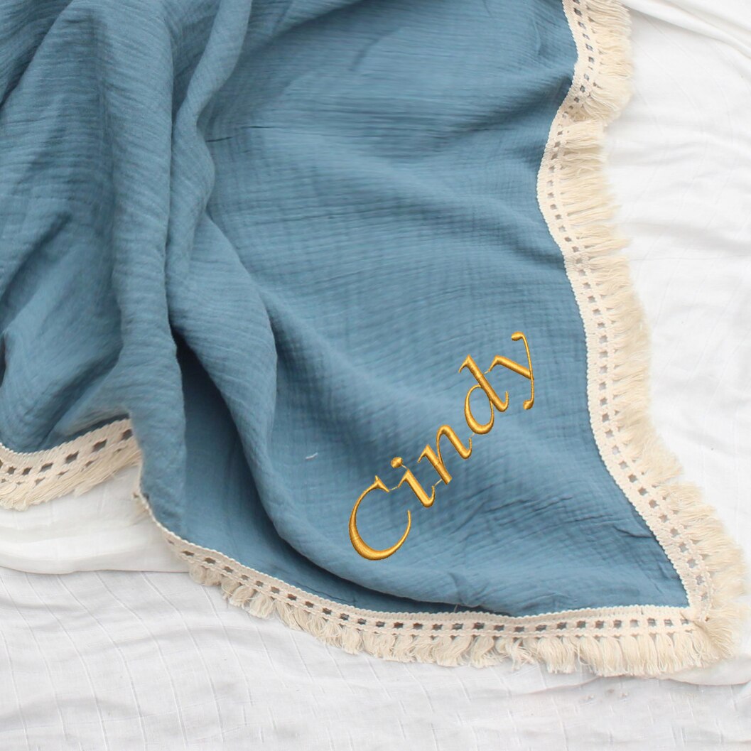 Tên cá nhân thêu chăn trẻ sơ sinh Muslin bé món quà chăn quấn tua tùy chỉnh Bebe bé essory