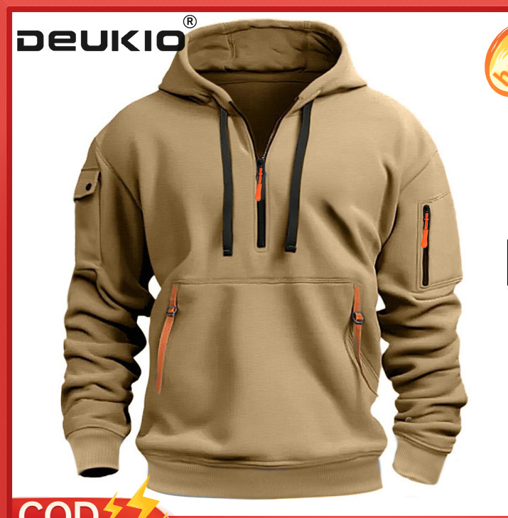 DEUKIO Men's Casual Sports Multi-Zipper Arm Pocket Sweatshirt Pullover Hoodie ราคา 506 บาท*ส่งฟรี