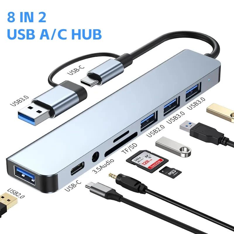Liulz 2 trong 1 7 / 8 Cổng USB Hub Loại C Đa Cổng Adapter Bộ Chia USB3.0 2.0 Cho MacBook Air Dell Lenovo Nhôm Docking