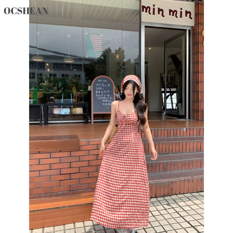 OCSHEAN Women's Backless Plaid Sling Dress New Slim Fit Waist-Controlled Slimming Long Dress ราคา 189 บาท*ส่งฟรี