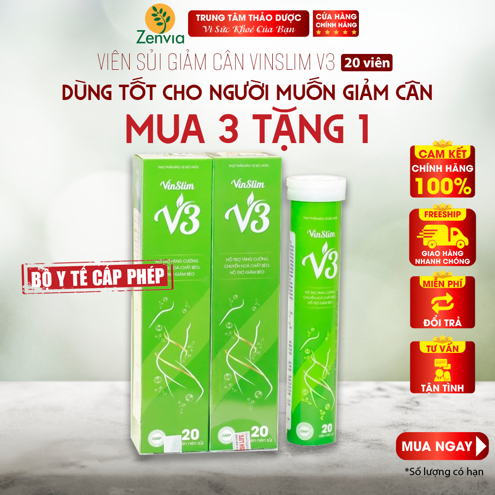 Vin Slim V3 - Viên Sủi Giảm Cân Hiệu Quả, Đốt Mỡ Thừa Tự Nhiên, An Toàn, hộp 20 viên