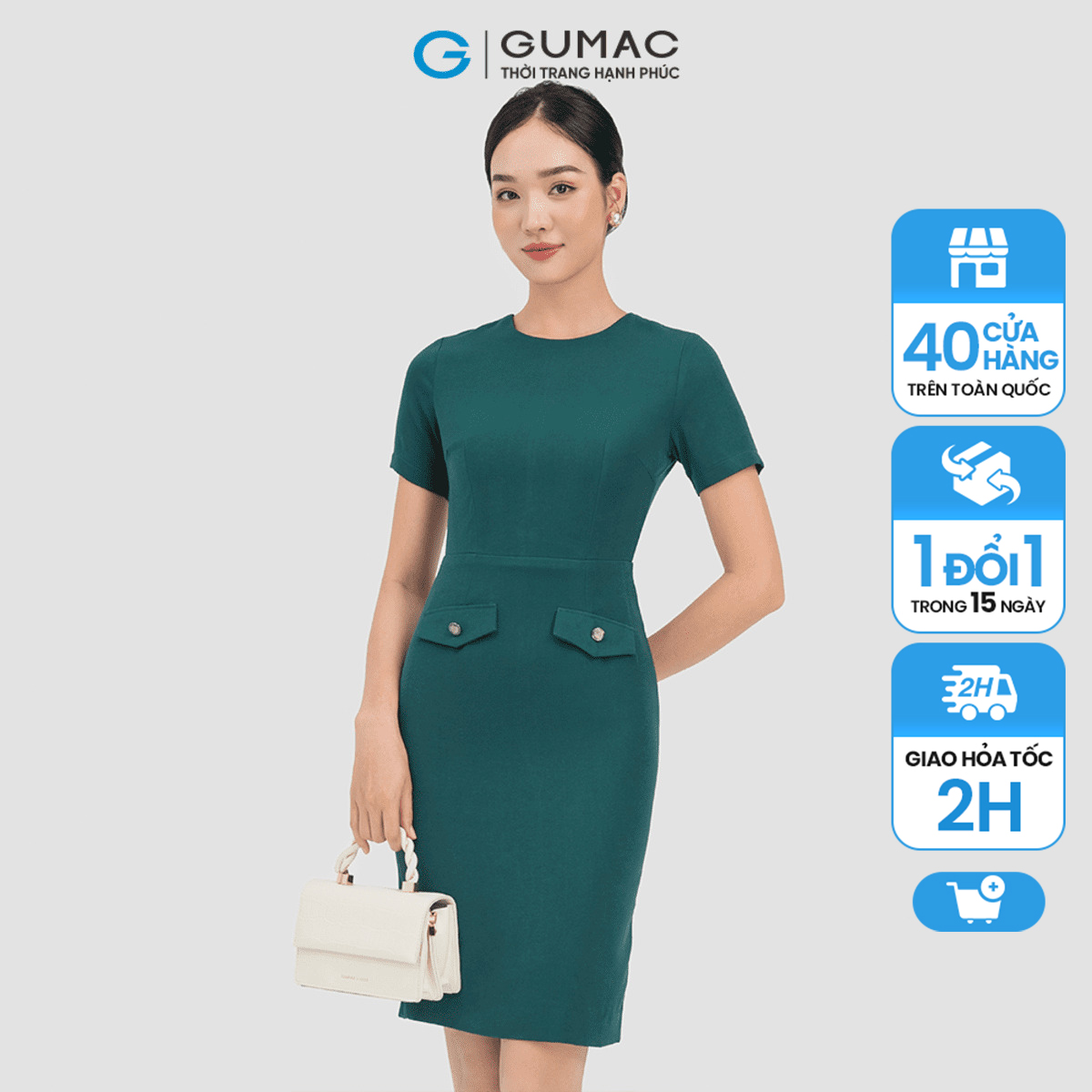 Đầm nữ gumac dc07056 , đầm bút chì chất liệu cotton thun phối nắp túi
