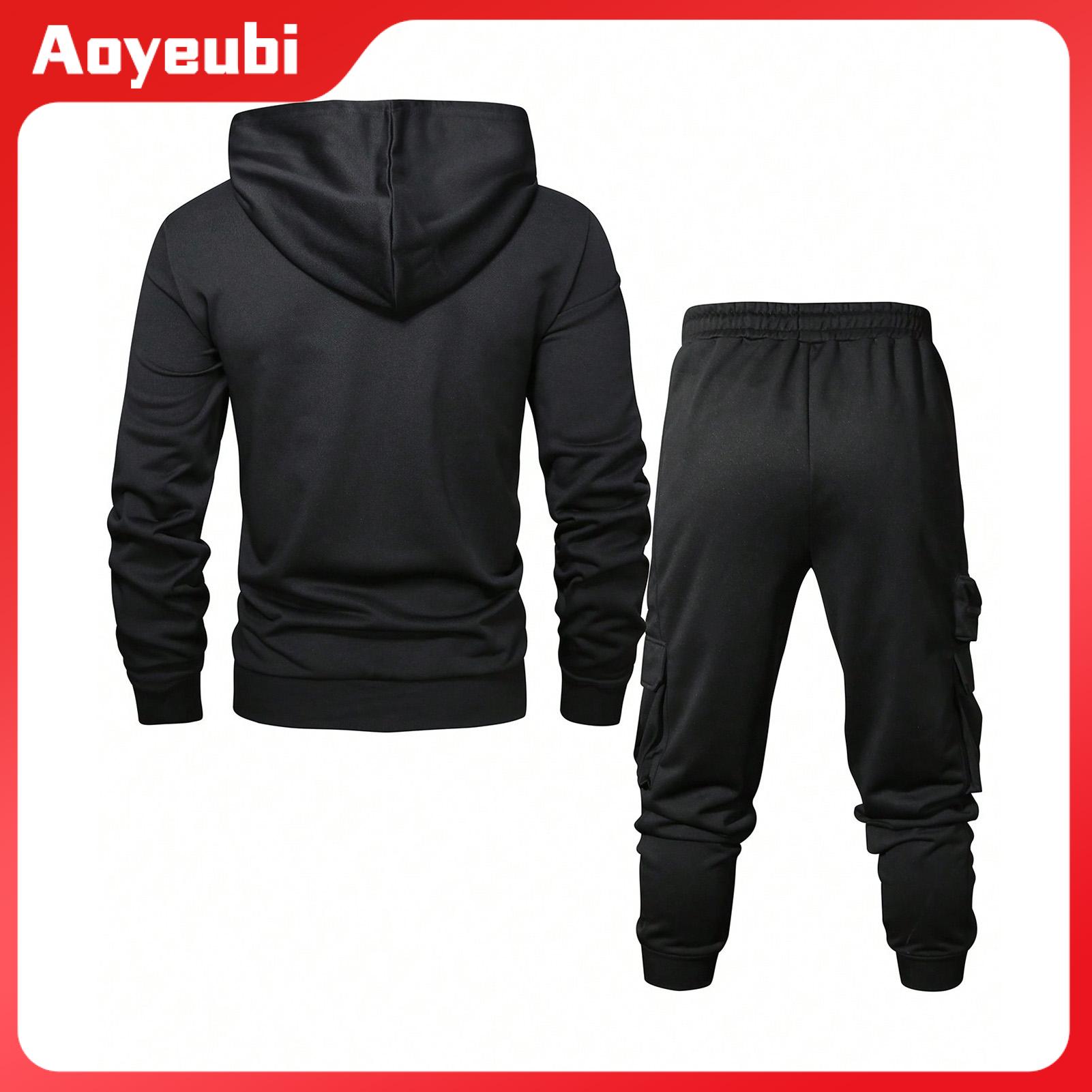 Aoyeubi Men Sweatsuit Ribbed Cuffs Hoodie and Pants Set Mens Hooded Tracksuit Set with Multi Pockets