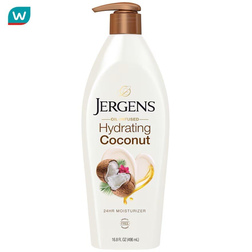 Jergens เจอร์เกนส์ ออยล์-อินฟิวส์ ไฮเดรติ้ง โคโคนัท 24-Hour มอยส์เจอไรเซอร์ 496 มล.