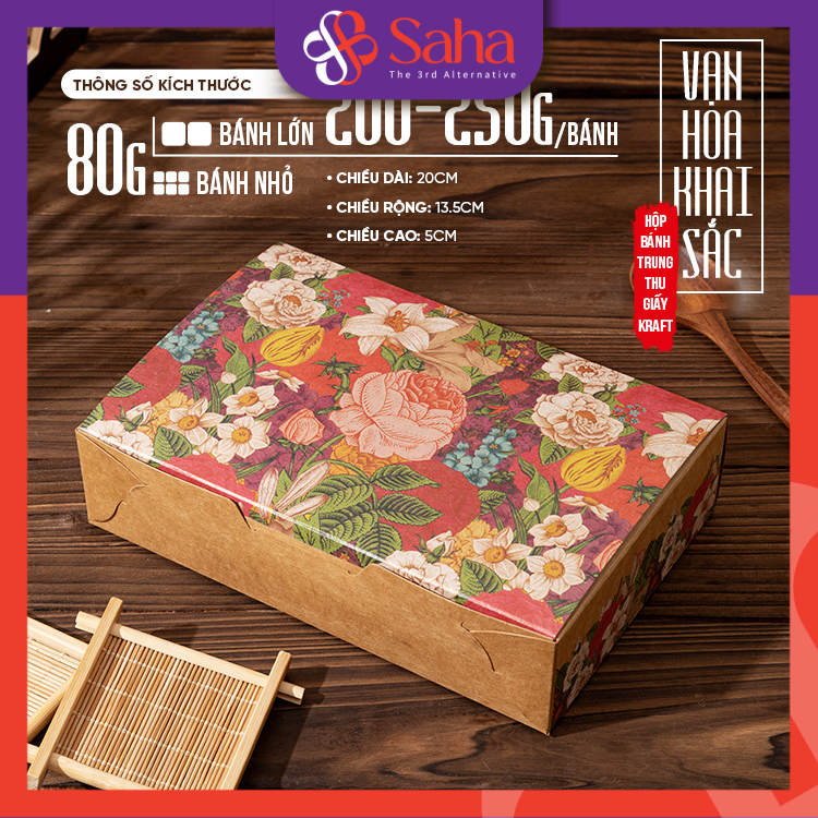 Hộp Đựng Bánh Trung Thu Giấy Kraft In Hoa Vintage Đựng 4 Bánh Hoặc 6 Bánh Loại 50gr