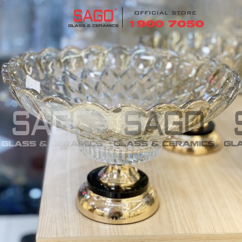 Dĩa thủy tinh trái cây có chân mạ đồng nữ hoàng cao cấp | tùy chọn size