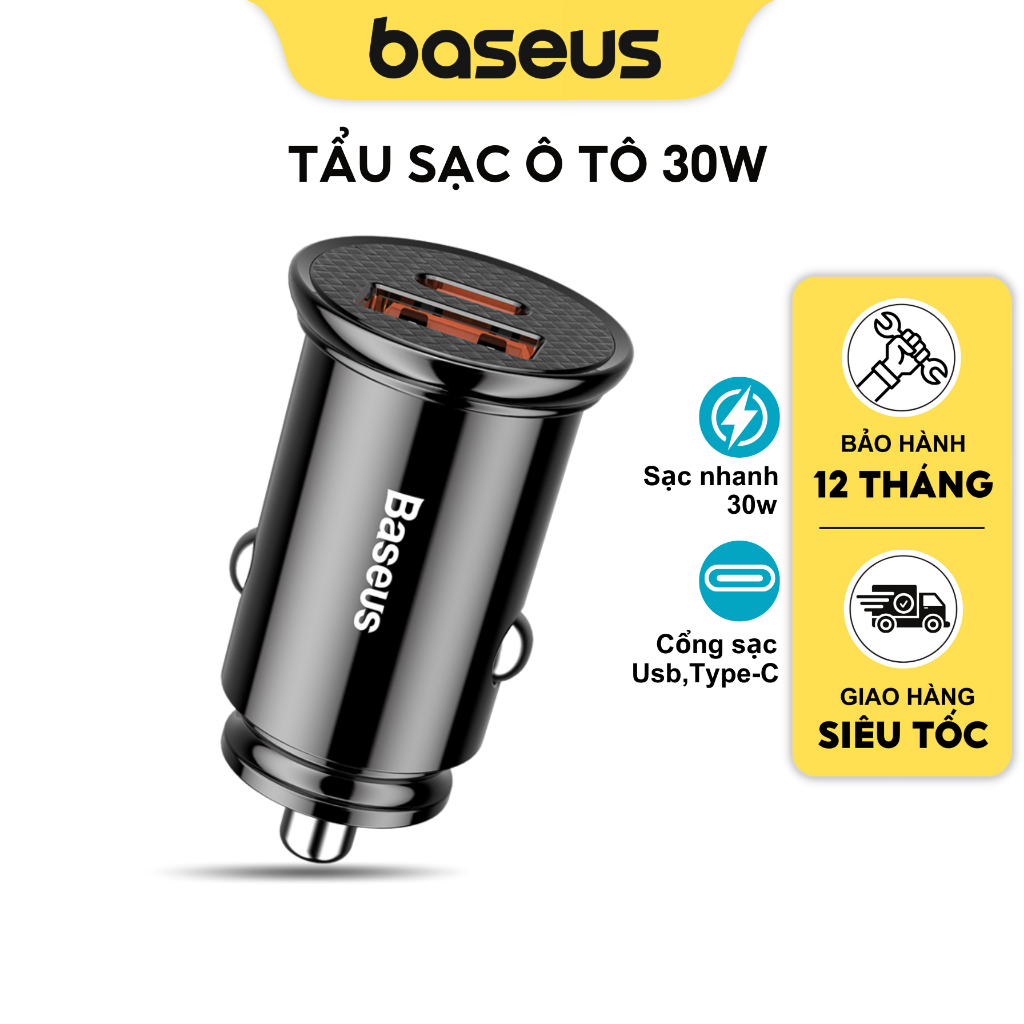 Tẩu sạc mini xe hơi ô tô baseus công suất 30w 1 cổng usb 1 cổng pd tích hợp qc 3.0, qc 4.0, pd 3.0
