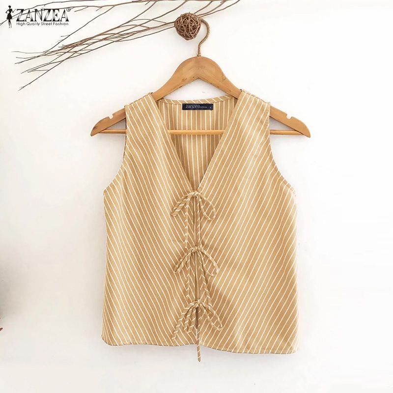 ZANZEA Women Summer Casual Sleeveless Tanks Tops V-Neck Lace -Up Striped Work Camis #0601 ราคา 374 บาท*ส่งฟรี