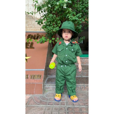 (Có Sẵn) Đồ Bộ Đội Cho Bé Trai Bé Gái Quần Dài Tay Ngắn Tặng Kèm Nón Bèo