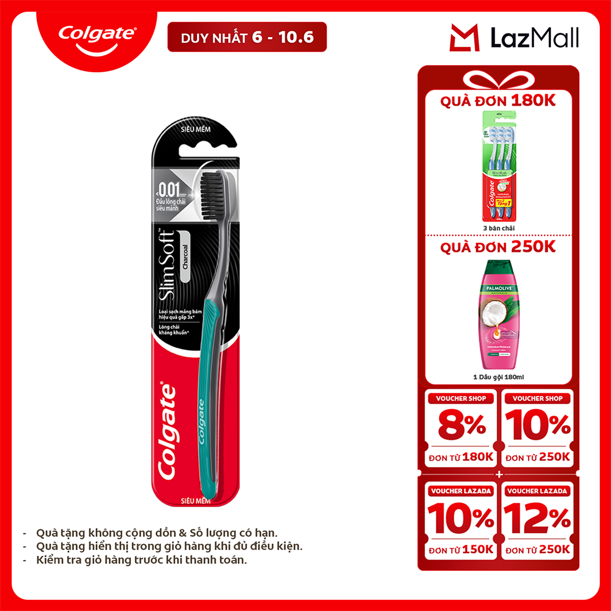 [Chỉ 6-10.6_X2 Voucher giảm 22%] Bàn chải Colgate than hoạt tính kháng khuẩn SlimSoft Charcoal mềm mảnh