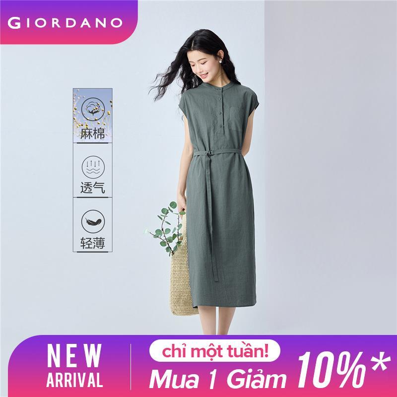 GIORDANO Nữ Váy Linen Cotton Cổ Mandarin Thắt Lưng Váy Ngắn Tay Dolman Thời Trang Thường Ngày Váy 05465333