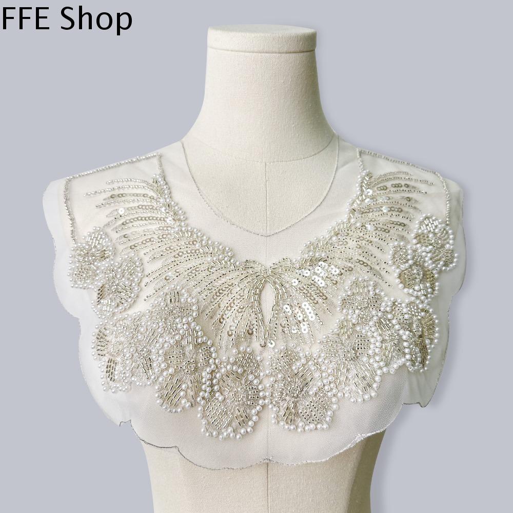UREAN Có thể tháo rời Cổ áo đính kim sa hạt nặng Cổ điển Khăn choàng ren Cổ áo thêu phía trước Thời trang Thanh lịch Cổ áo xù hoài cổ Phụ nữ