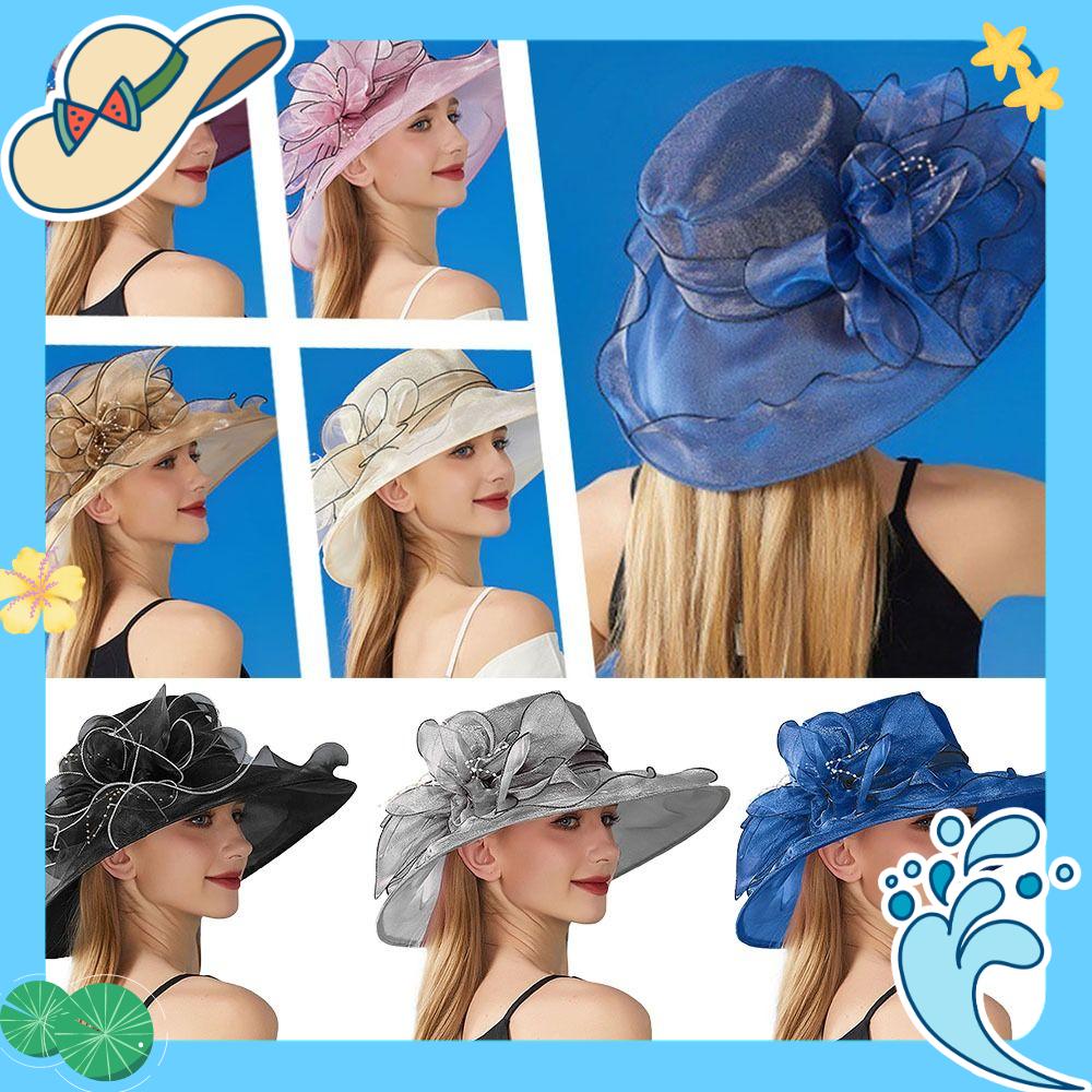 JANNERSATI Organza Mũ Derby nữ Rộng vành Hoa màu trơn Mũ đám cưới Tiệc trà cô dâu Thanh lịch Có thể gập lại Mũ chống nắng nhún bèo mùa hè
