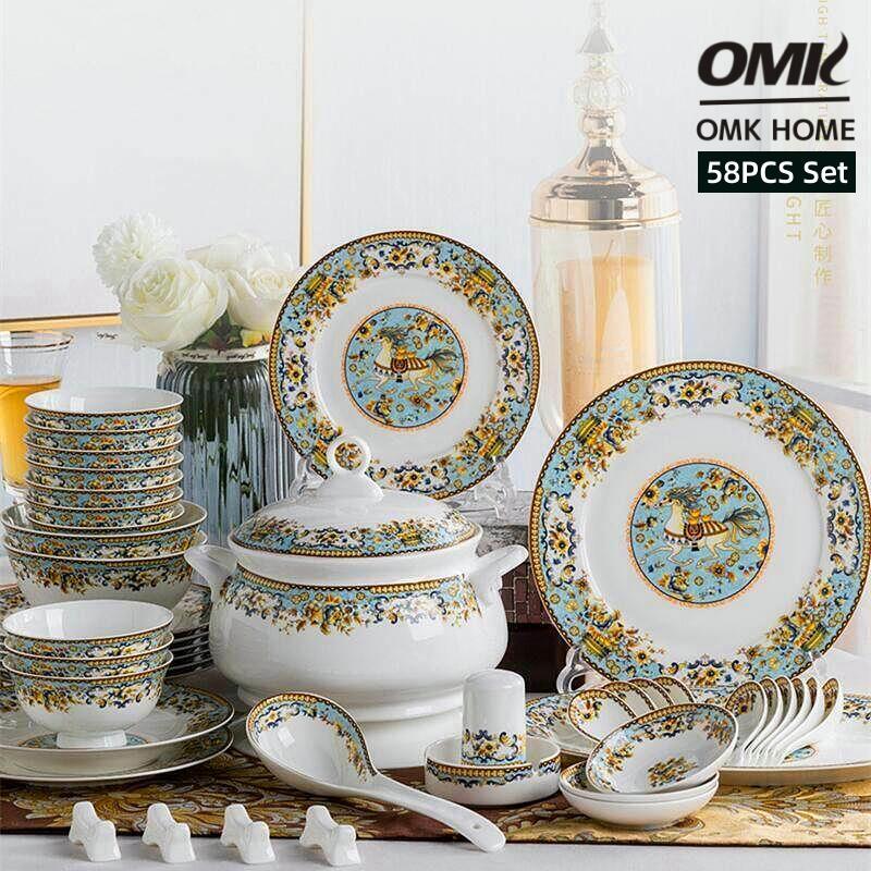 OMK 58PCS Set European Luxury style Bone China Party Tableware set Ceramic Dinner Plate Big soup bowl Suitable for 10 persons ราคา 6,083 บาท*ส่งฟรี