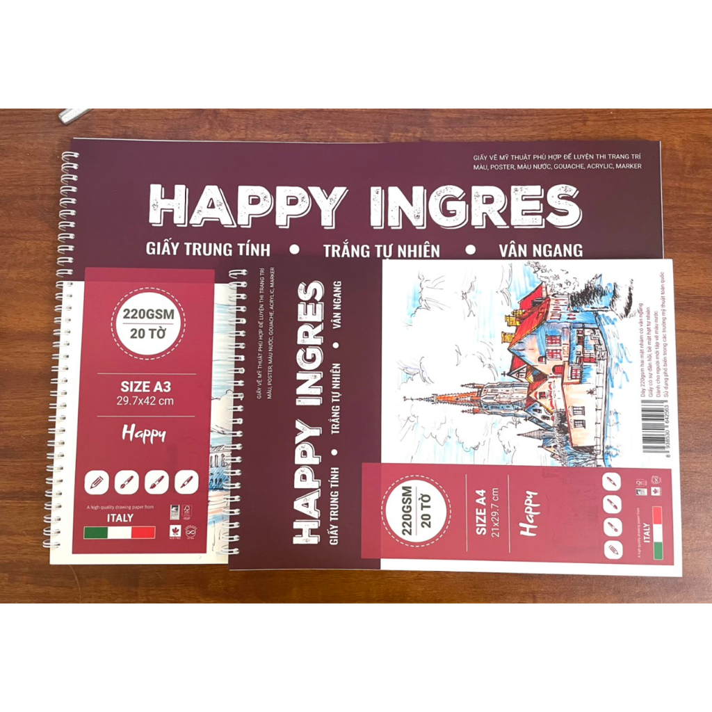 Sổ Vẽ Happy Canson Ingres Vân Ngang A4/A3 220gsm (Giấy vẽ Màu nước Acrylic Marker Màu Sáp...)