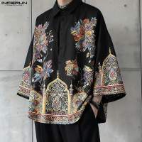 INCERUN Shirts For Men Retro Holiday Floral Print 3/4 Sleeve Baggy Leisure Korean Style Top #0119