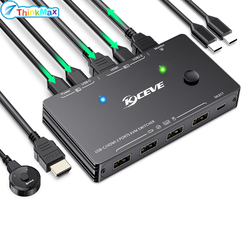 USB-C KVM Switch 4K60Hz 2 Input 1 Output KVM Type-C Switcher Box With Wired Remote Control For Laptops Share Monitor USB Devices ราคา 1,521 บาท*ส่งฟรี