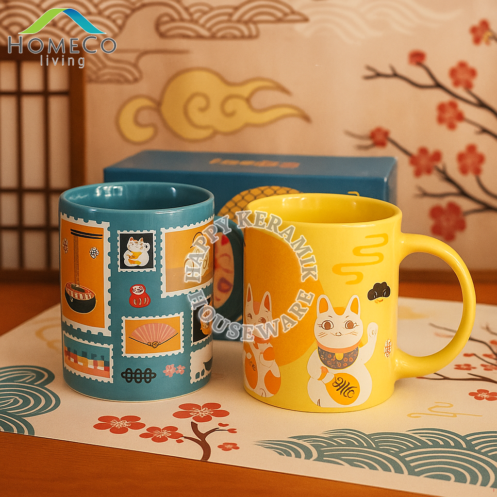 HOMECO 2PCS Mug 11oz Set Keramik JAPAN Series Mug 2pcs Lungo Japanese Set