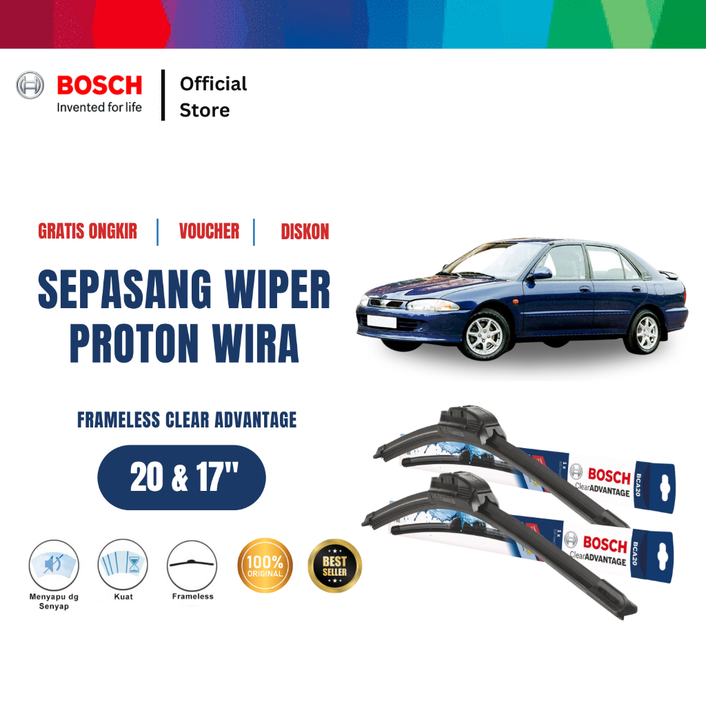 Bosch Sepasang Wiper Proton Wira Frameless Clear Advantage 20 dan 17 Inci Harga 202,470 rupiah*Gratis Ongkir